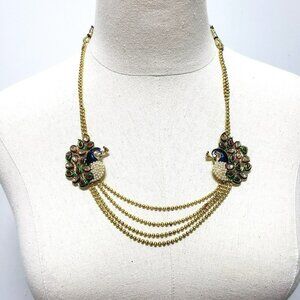 VTG Peacock Gem Pearls Beaded Statement Necklace Bib Tassel Boho